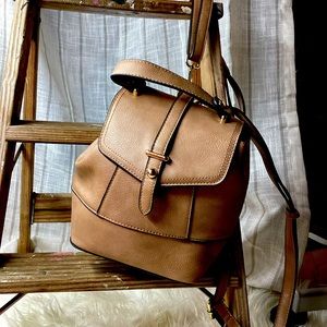 Unique vegan leather small backpack tan with gold colored hardware
